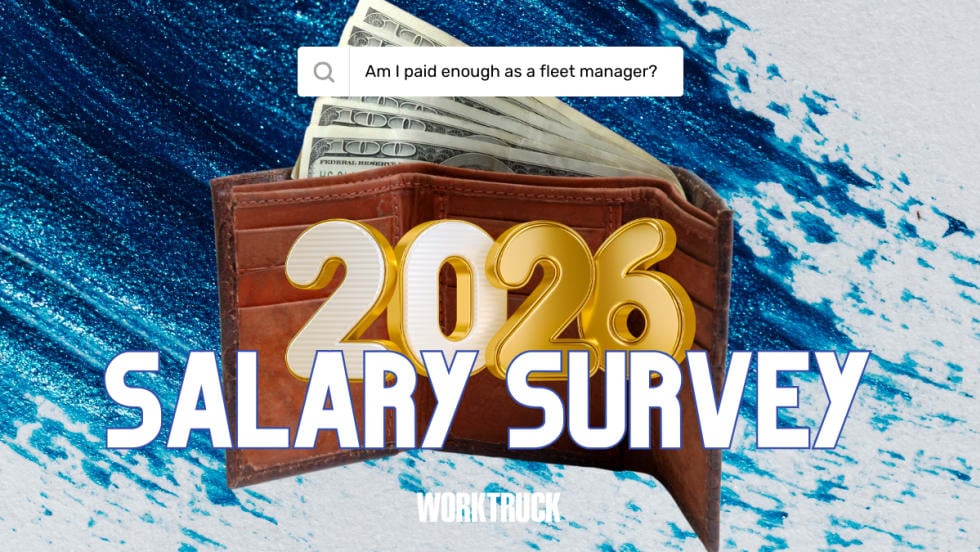 Graphic promoting the 2026 Fleet Manager Salary Survey from Work Truck, featuring a wallet with cash and text asking if fleet managers are paid enough.