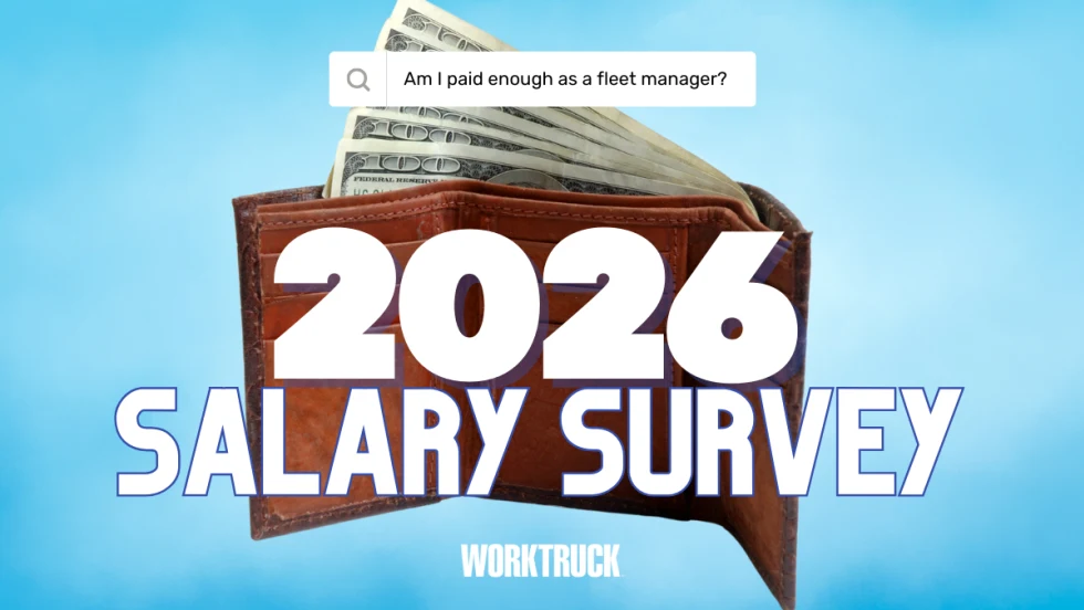Graphic promoting Work Truck’s 2026 Salary Survey, showing a wallet with cash and the text “Am I paid enough as a fleet manager?”