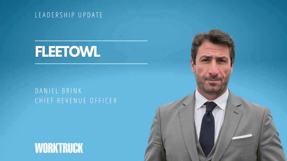 Man in business attire against a blue background with text for Leadership Update, FleetOwl, the man's name and title, and a logo for Work Truck.
