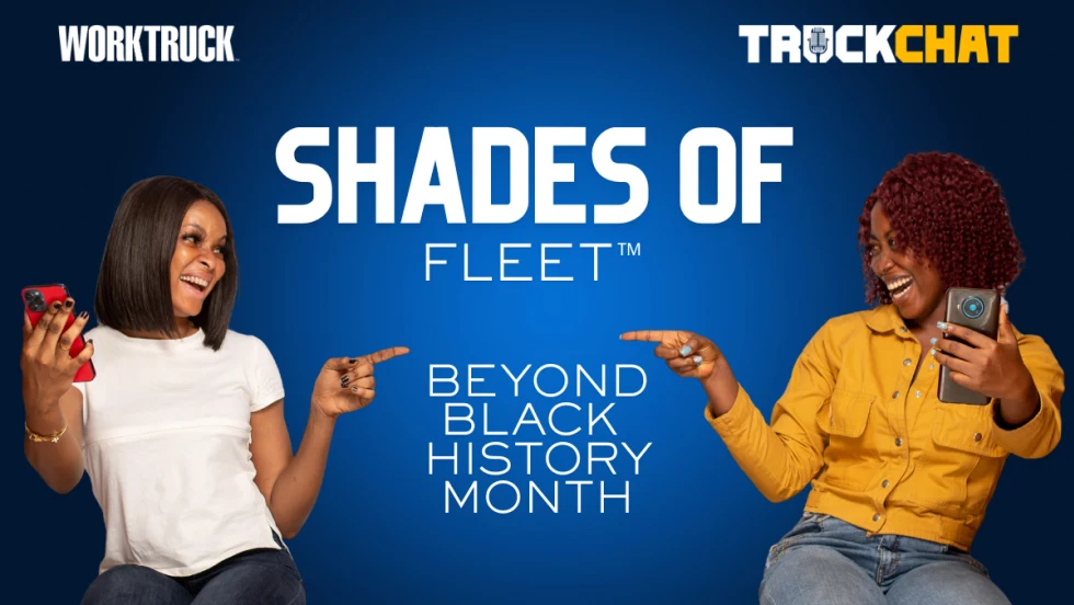 Promotional graphic for Work Truck’s Shades of Fleet video series featuring two Black professionals holding phones, with text reading “Beyond Black History Month” on a blue background.
