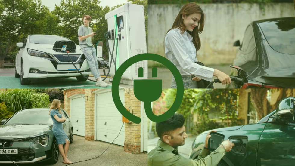 Collage of drivers charging electric vehicles at public and home charging stations, with a large green plug icon centered over the images.