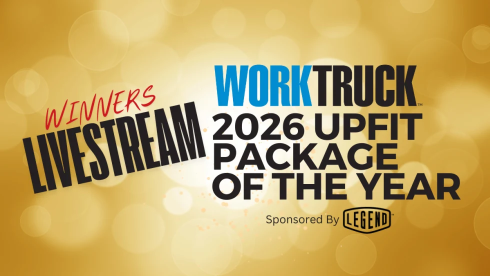 Graphic promoting the 2026 Work Truck Upfit Package of the Year livestream, announcing award winners live. Gold background with Work Truck logo and Legend Fleet Solutions sponsorship.