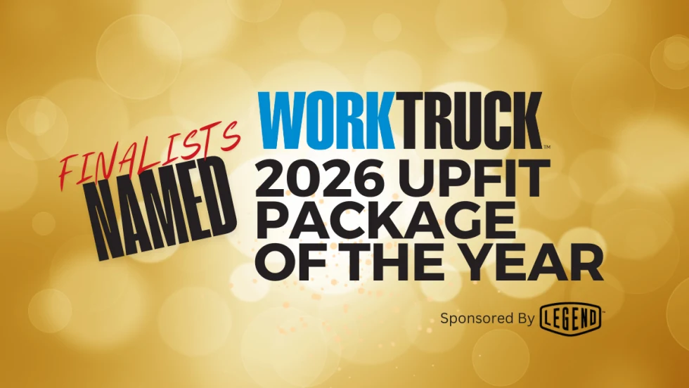 Graphic announcing Work Truck’s 2026 Upfit Package of the Year Top 3 finalists across truck, van, and SUV categories, sponsored by Legend Fleet.