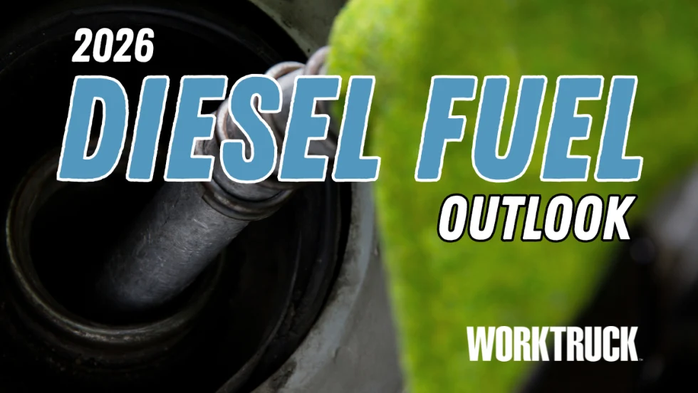 Background closeup image of a green fuel handle and headline 2026 Diesel Fuel Outlook and a logo for Work Truck.