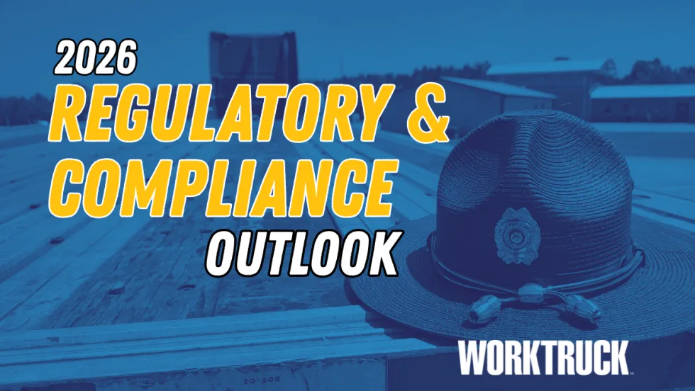 Tinted blue background image of a state trooper hat on a flatbed trailer with headline 2026 Regulatory & Compliance Outlook.