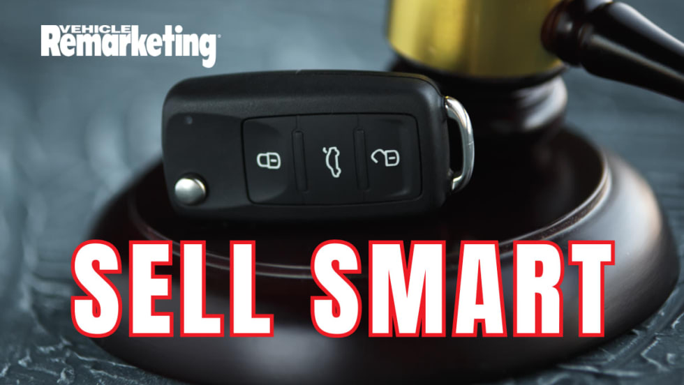 Car key fob resting on an auction gavel with text “Sell Smart,” representing fleet remarketing decisions and how resale value is influenced by what buyers can verify.