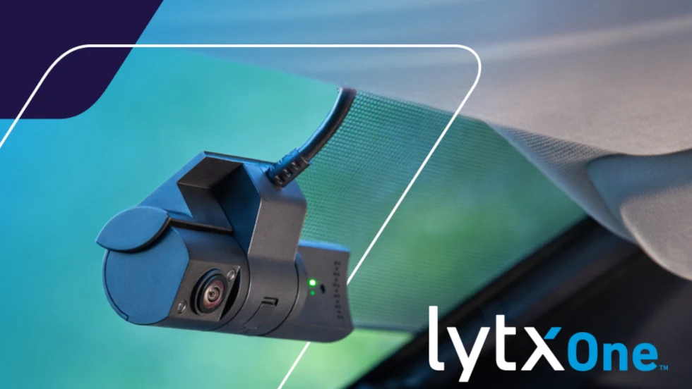 Bluish green background images and shapes with inset image of a video dash cam and logo for LytxOne.