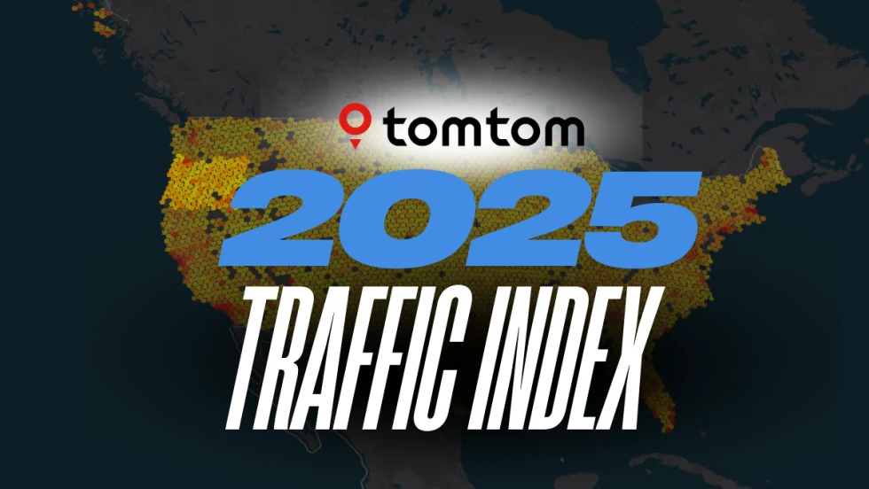 Map graphic showing U.S. traffic congestion data from the 2025 TomTom Traffic Index, highlighting major metro areas with the highest congestion and slowest travel speeds.