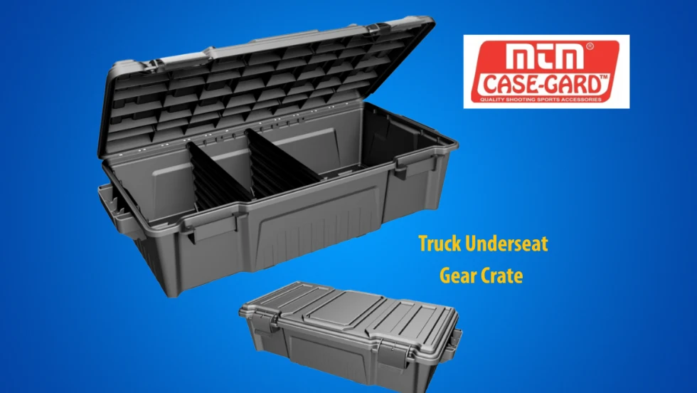 A black plastic storage crate for under truck seat against a blue background and a logo for MTM CaseGard.