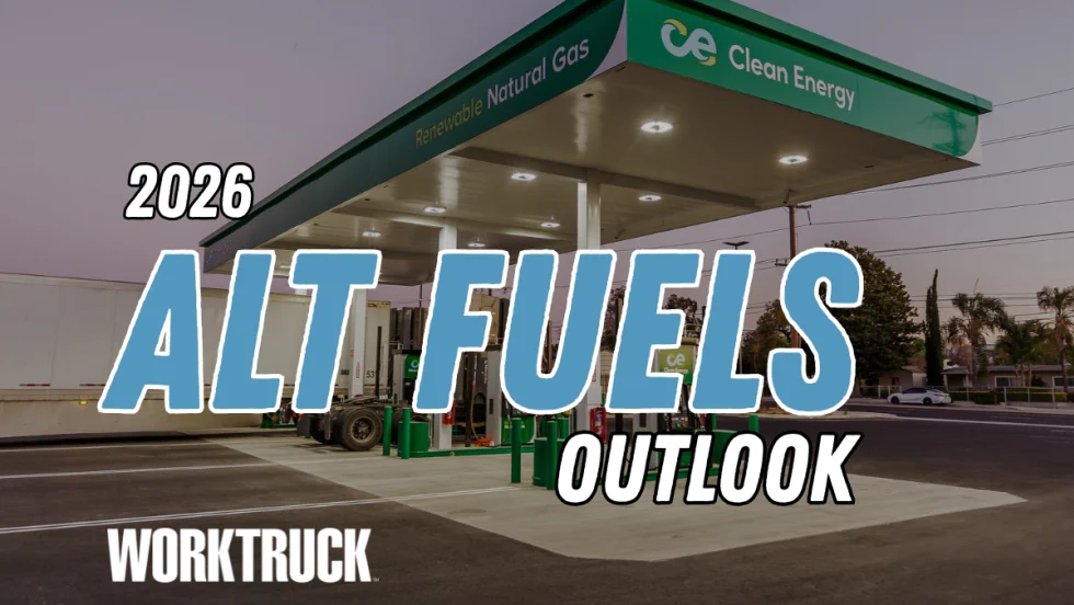 Background image of a filling station with headline 2026 Alt Fuels Outlook at a logo for Work Truck.
