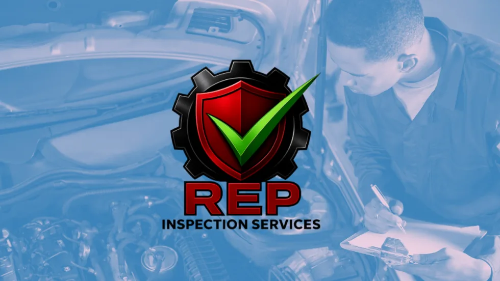 Tinted blue background image of man with clipboard inspecting a car and a logo for REP Inspection Services.