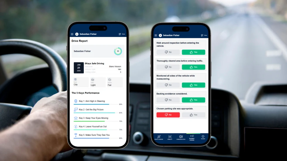 Two smartphones display a digital behind-the-wheel assessment and Smith5Keys Drive Report, capturing coaching feedback in real time during a road session.