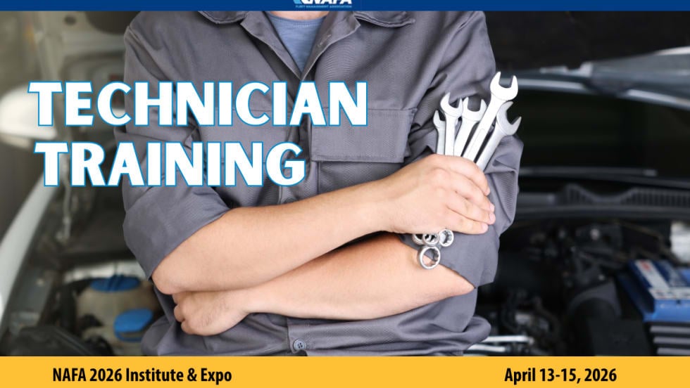 Mechanic standing with arms crossed and holding wrenches, small NAFA logo at top on a blue stripe, and headline Technician Training.