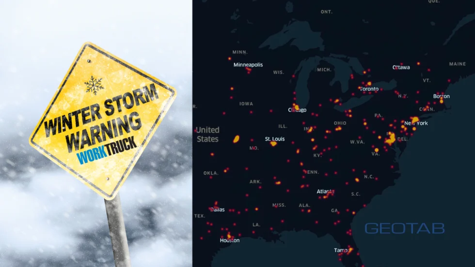 A winter storm warning sign and a U.S. heat map highlighting collision hotspots from Geotab data during Winter Storm Fern, with increased activity across the Midwest and Mid-Atlantic