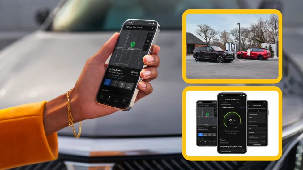 Background photo of a hand holding a phone and a car in the background, inset images of two parked EV cars and a series of screenshots of phone.