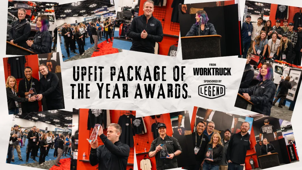 Collage of award presentations and winners holding trophies at Work Truck Week 2026 Upfit Package of the Year Awards sponsored by LEGEND.