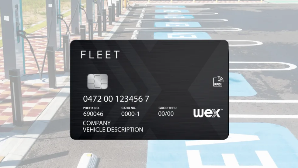 WEX fleet fuel card with RFID capability shown over a public EV charging station parking area, representing a single payment solution for fuel and electric vehicle charging.