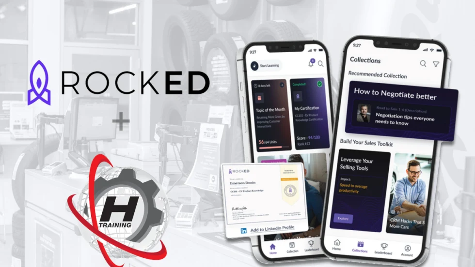 Auto service background image, logos for RockEd and Hunter, and inset photos of training material on phone screens.