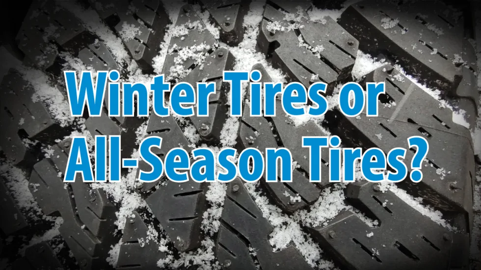 closeup photo of off-road tire tread filled with ice and headline Winter Tires or All-Season Tires?