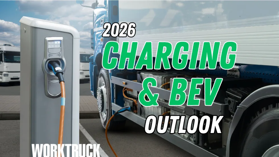 Background image of an electric cargo truck plugged into a charger and headline 2026 Charging and BEV Outlook.