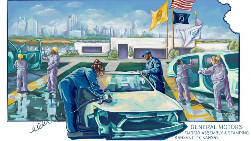 Illustration depicting workers at General Motors’ Fairfax Assembly and Stamping Plant in Kansas City, Kansas, with vehicles and factory buildings in the background.