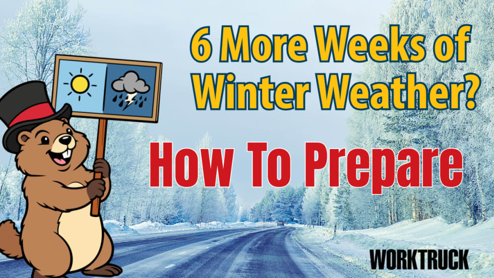 Snowy road background, cartoon of groundhog in top hat holding up weather prediction, and headline 6 More Weeks of Winter Weather? How to Prepare.