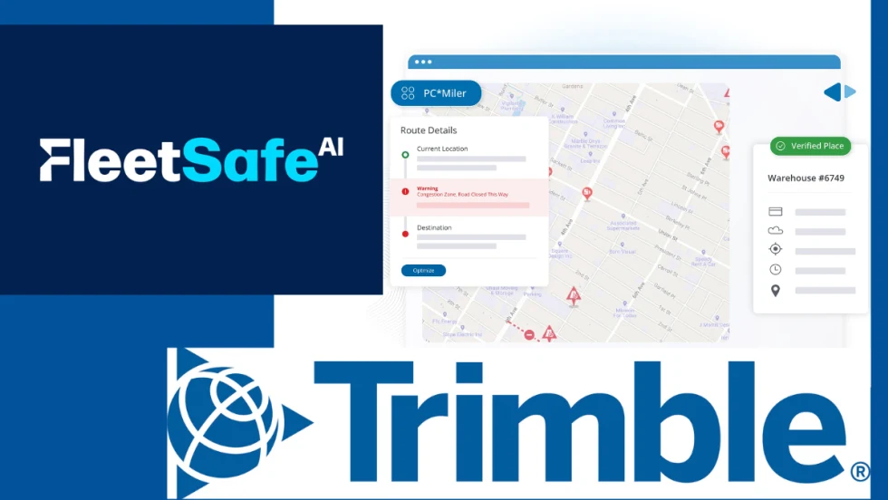 Blue background with inset screenshot of a navigation app map and logos for FleetSafe.ai and Trimble.