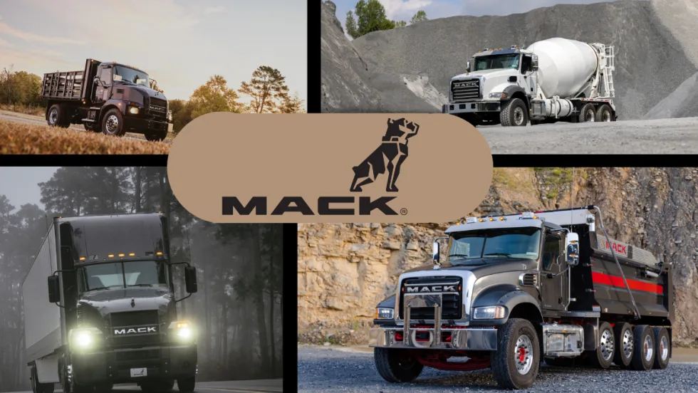 composite image of four Mack trucks with Mack logo in the middle.
