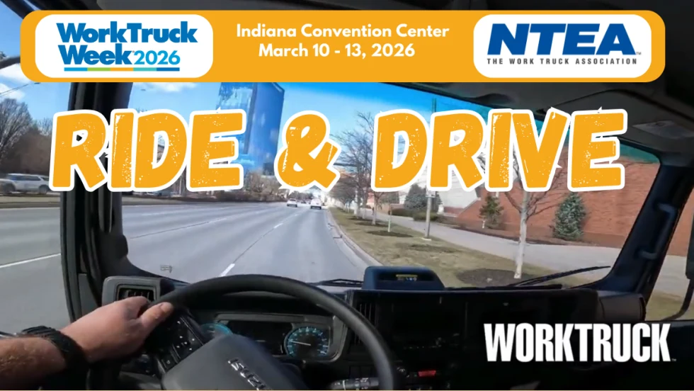 DRiver's perspective from inside truck looking forward to road with large headline Ride & Drive and logos for Work Truck Week, Green Truck Summit, and Work Truck.