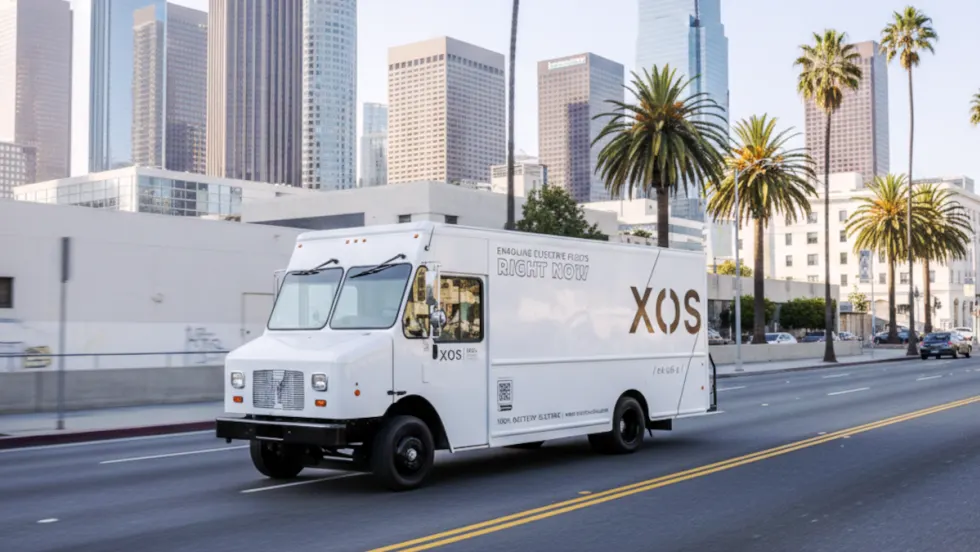 A white step van driving through a downtime area of a large city with tall buildings.