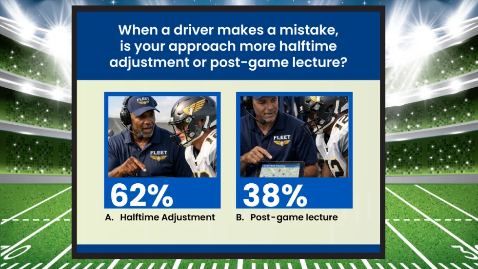 Background graphic of football stadium and inset photos showing survey results about commercial fleets and coaching.