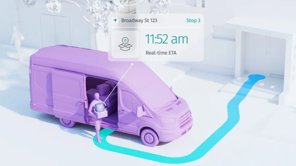 Graphic illustration of an all-white street scene, a purple delivery van and delivery person, and a blue arrow pointing from the person into the doorway of a delivery location.