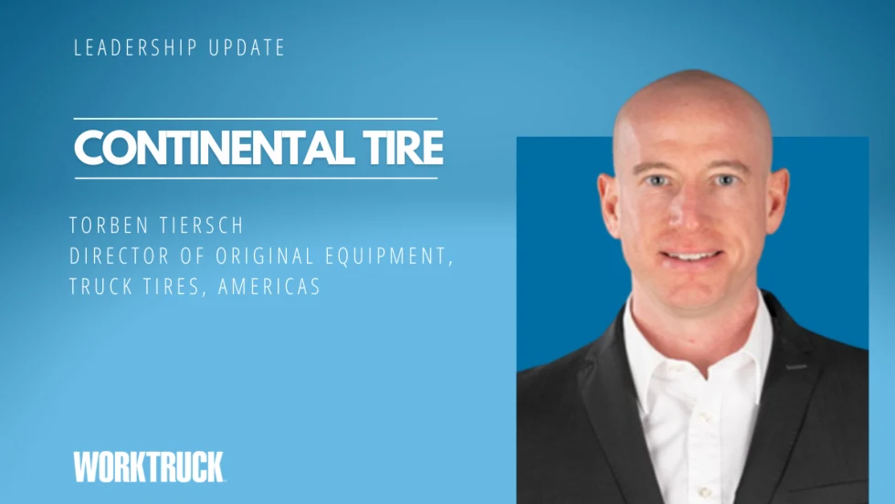 Man in business attire against a blue background headline for Leadership Update, Continental Tire, and the man's name and job title.