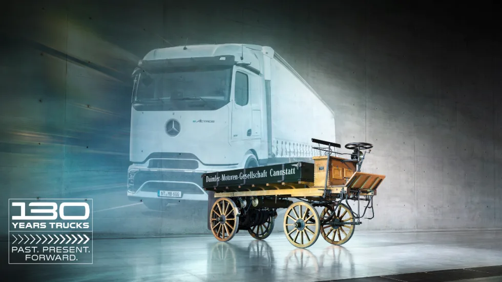 Composite image showing 1896 Daimler truck in front of a modern Mercedes-Benz electric truck with “130 Years Trucks” branding.
