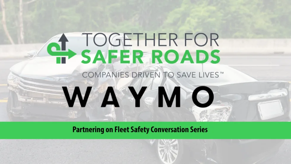 Faint background image of two cars that have collided and logos for Together for Safer Roads and Waymo.