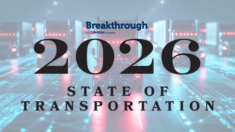 Graphic for Breakthrough 2026 State of Transportation Report featuring semi-trucks on a digital highway with large “2026” text overlay.