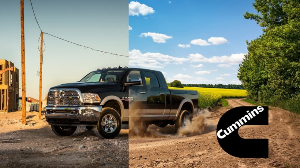 Photo of Ram heavy-duty pickup truck on a dirt road and a Cummins logo inset lower right.