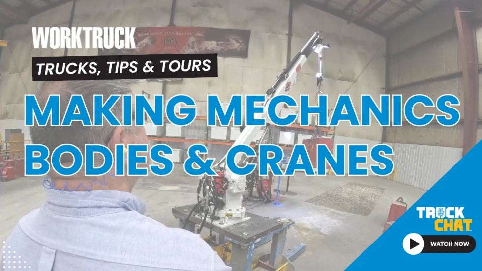 Background image of a man testing a crane with headline Making Mechanics Trucks & Cranes, with logos for Work Truck and Truck Chat.