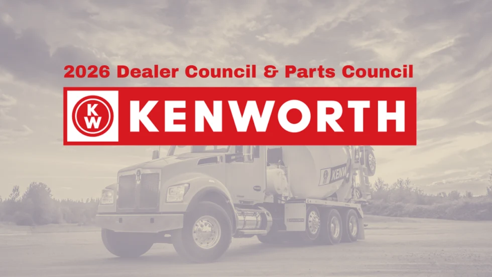 Sepia-toned background image of a concrete truck with red Kenworth logo and read headline 2026 Dealer Council & Parts Council.