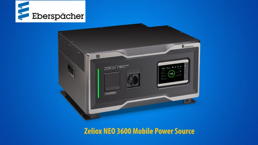 Blue background with inset image of a black electrical box, logo for Eberspaecher and headline Zeliox NEO 3600 mobile power source.