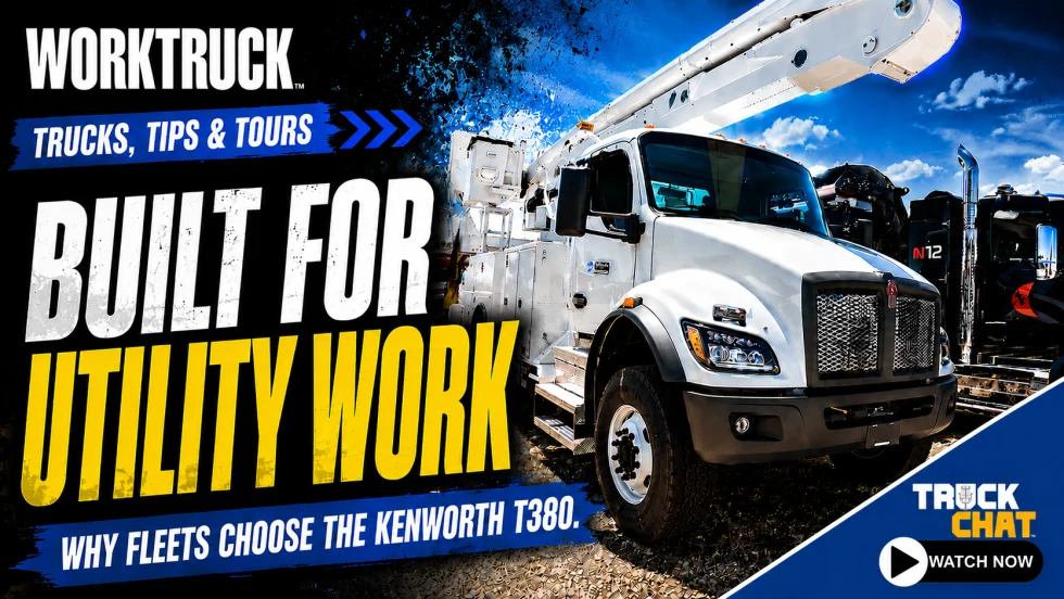 Work Truck Trucks, Tips & Tours YouTube thumbnail featuring a Kenworth T380 bucket truck with the headline “Built for Utility Work,” promoting why utility fleets choose the Kenworth T380, with a Truck Chat “Watch Now” button.