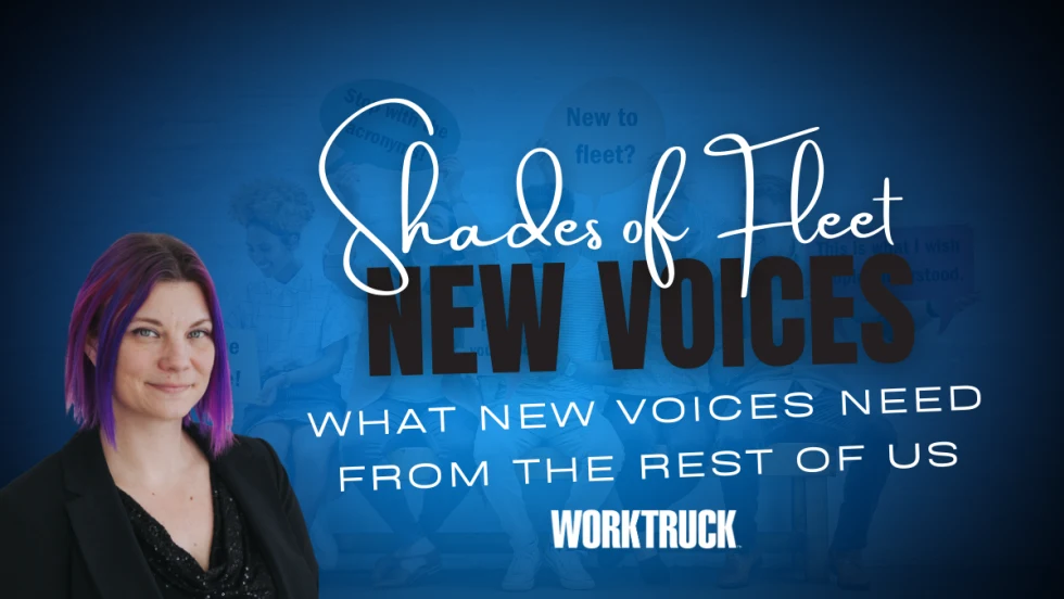 Graphic for Work Truck’s Shades of Fleet New Voices featuring Lauren Fletcher and the headline What New Voices Need From the Rest of Us against a blue background.