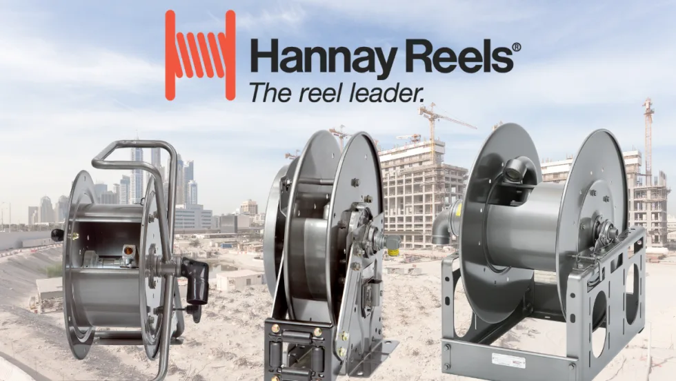 Background image of a construction side with three inset images of hose reels and a logo for Hannay Reels.