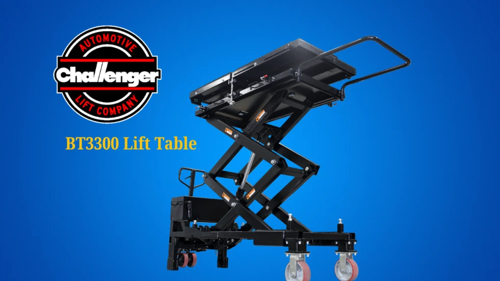 Black scissor-style automotive lift against a blue background and a logo for Challenger Lifts.