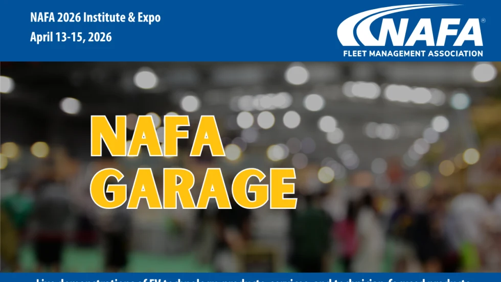 Background scene of a blurred tradeshow crowd with yellow headline NAFA Garage and logo for NAFA.