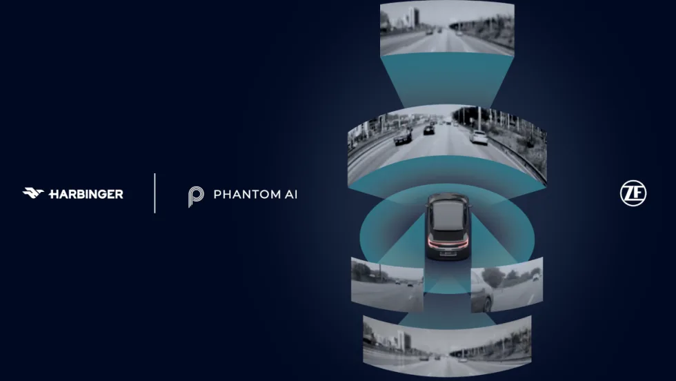 black background with inset photos of wild angle views around a vehicle and logos for ZF, Harbinger, and Phantom AI.