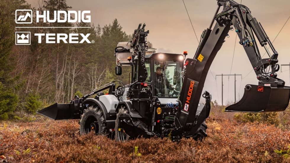 Tractor with backhoe working along a powerline with logos inset for Huddig and Terex.