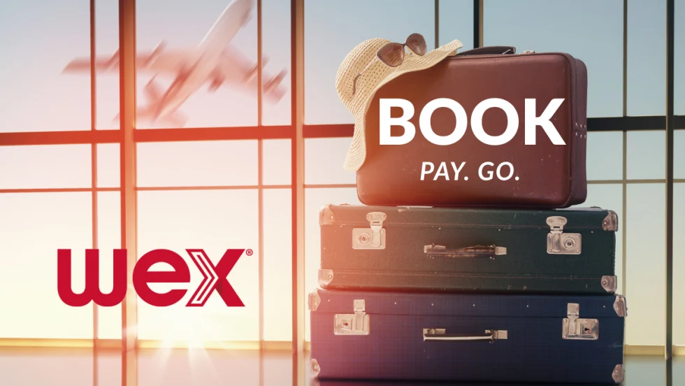 Stacked suitcases with a WEX logo at an airport window, illustrating WEX and Engine connecting fuel and travel payments for fleet lodging, rental cars, and airfare.