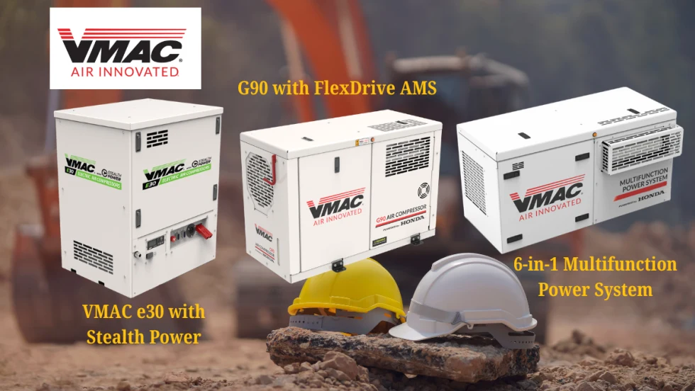 Construction site background image with excavator and two hardhats, VMAC logo, and inset images of three white boxes that contain power sources or air compressors.