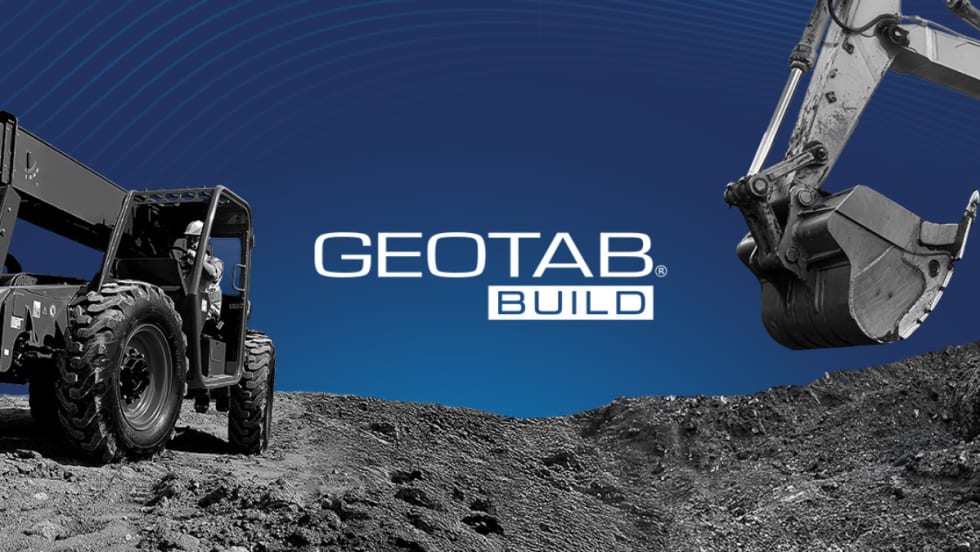 Geotab Build logo on blue background with construction equipment, promoting a unified platform for managing on-road fleet vehicles and off-highway construction assets.